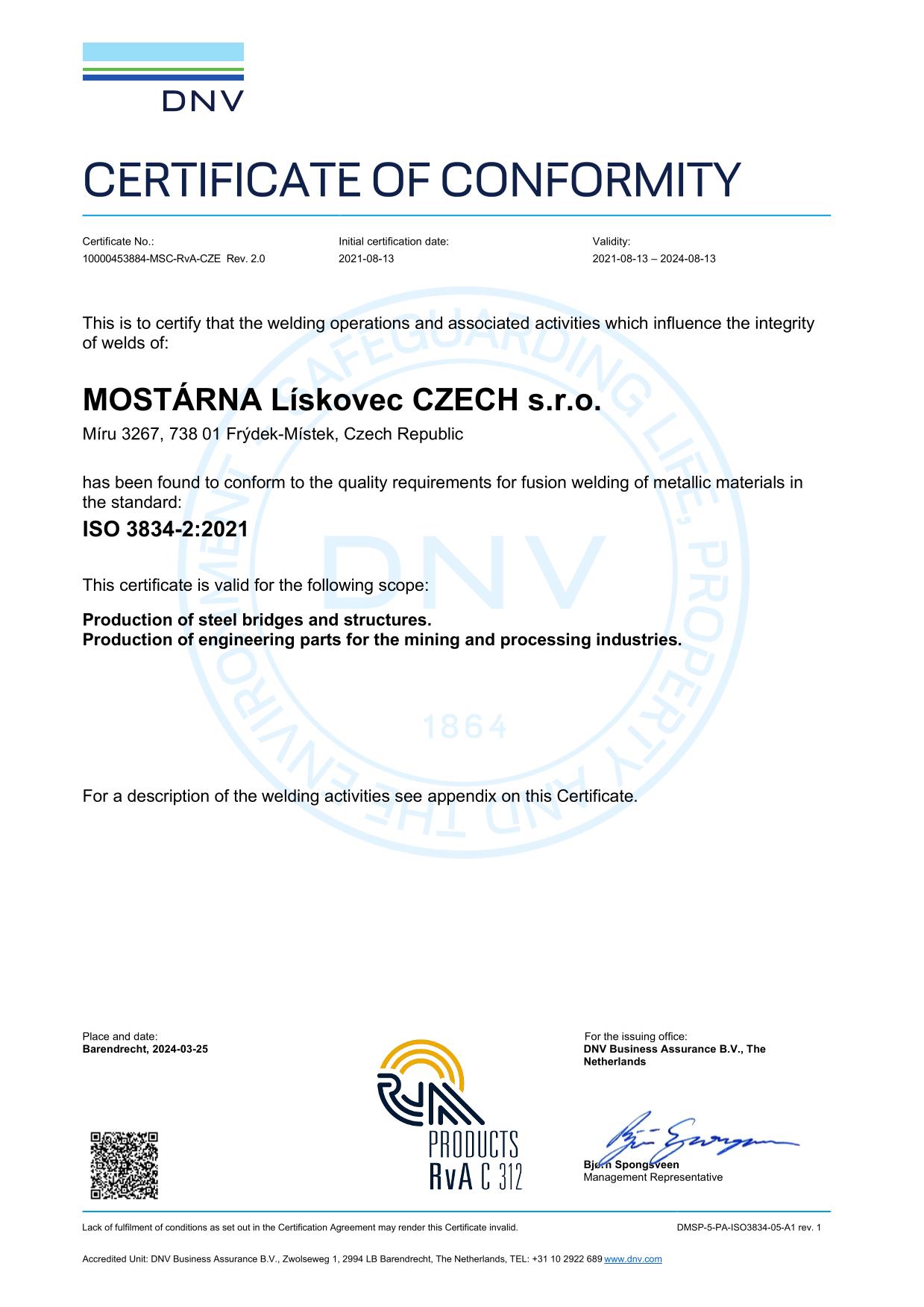 MOSTÁRNA Lískovec CZECH s.r.o. ISO 3834-2 ENG