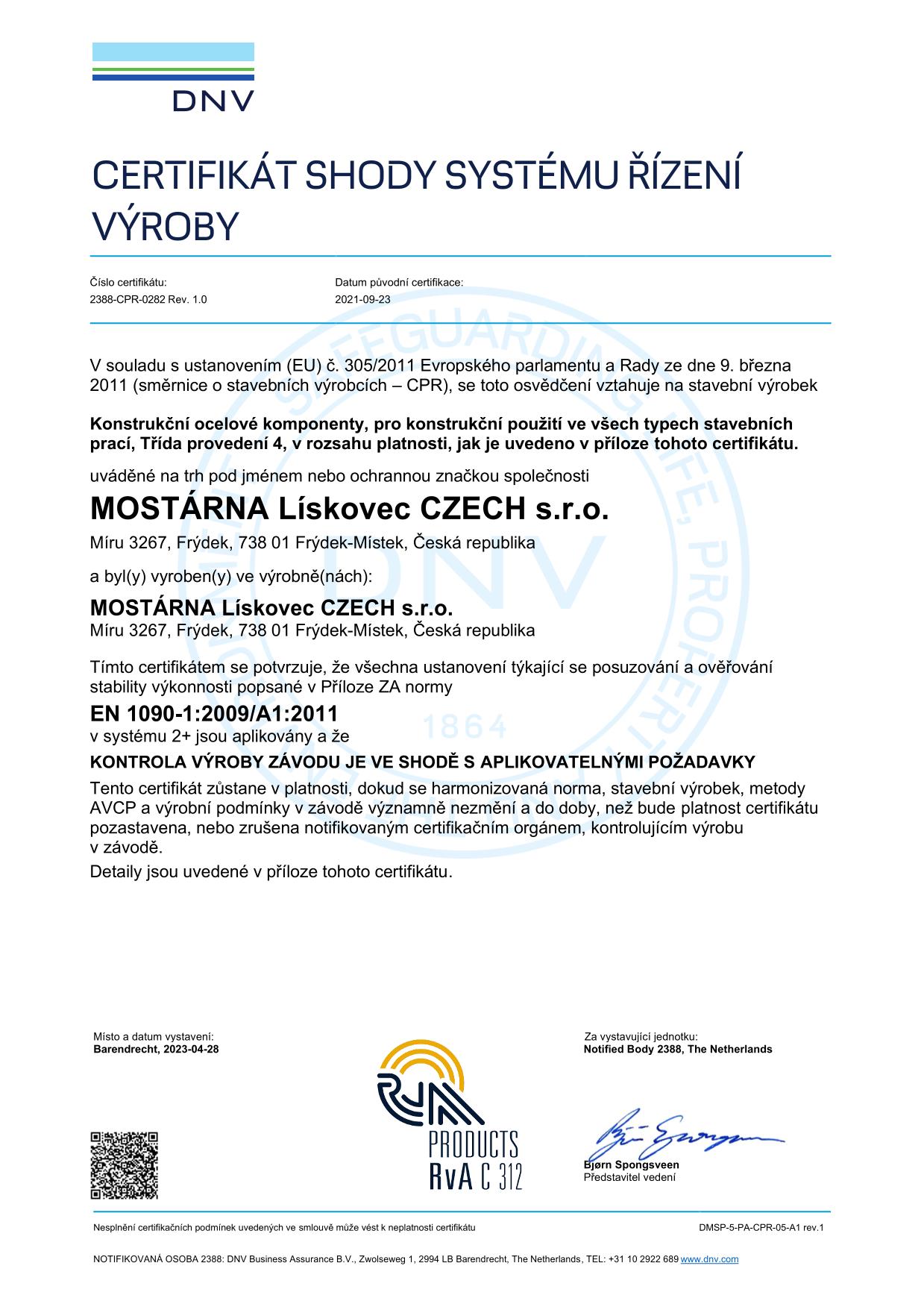 MOSTÁRNA Lískovec CZECH s.r.o. Global Certificate