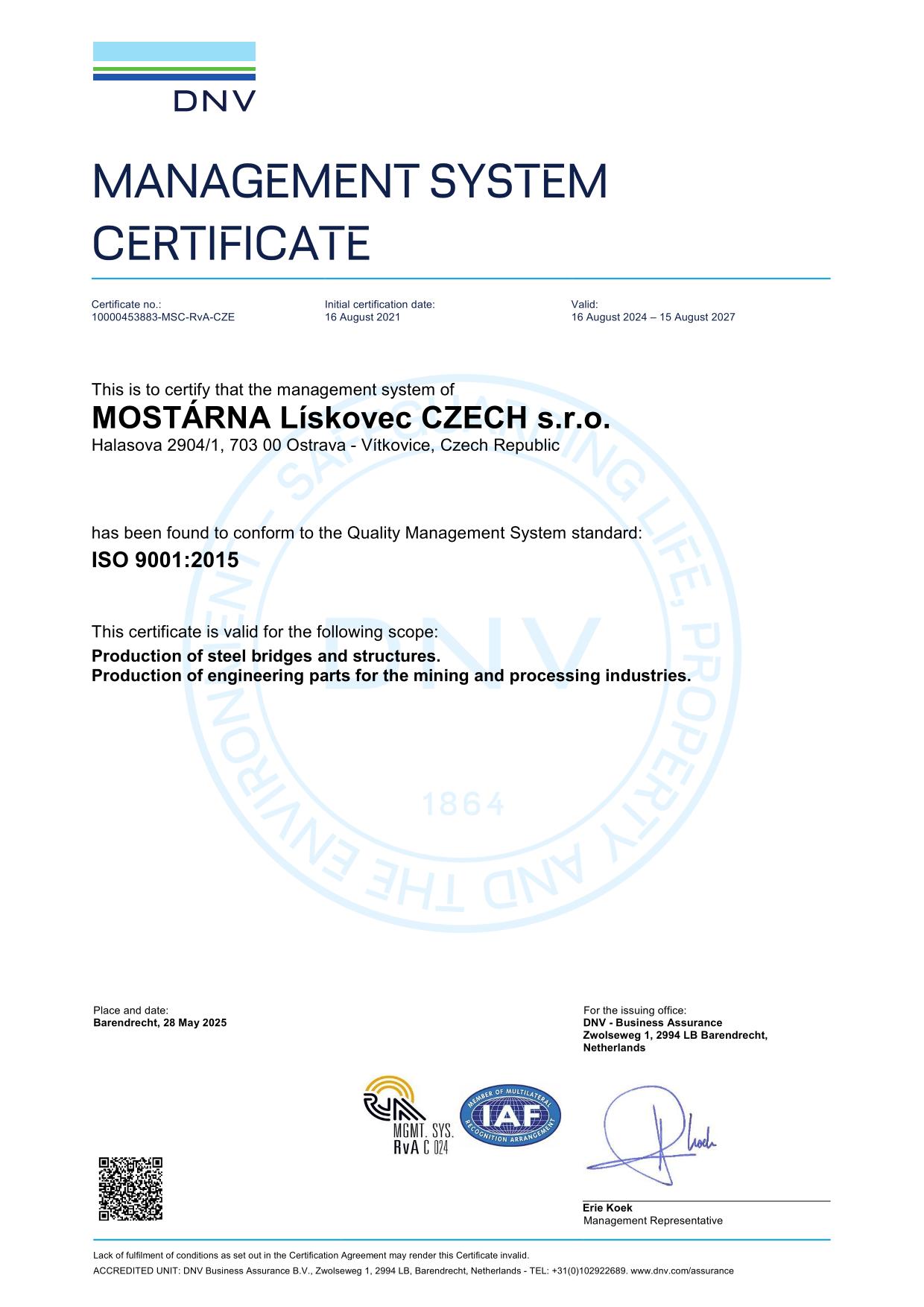 MOSTÁRNA Lískovec CZECH s.r.o. ISO 9001 ENG
